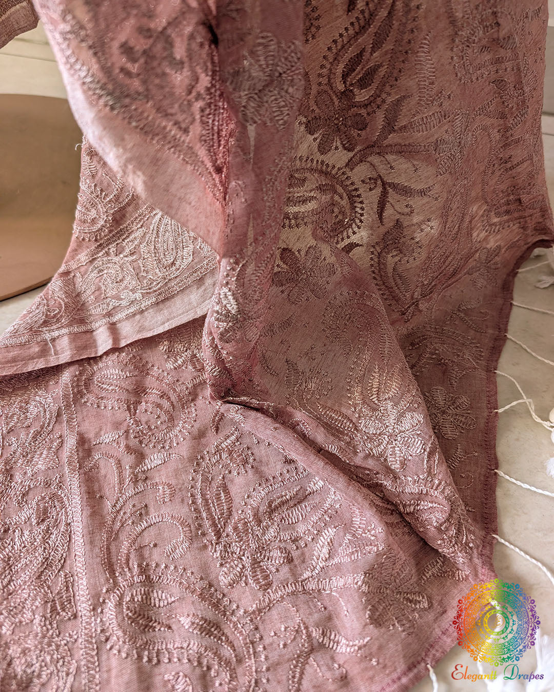 Mauve Bengal cotton saree palla highlighting dense threadwork and tassels