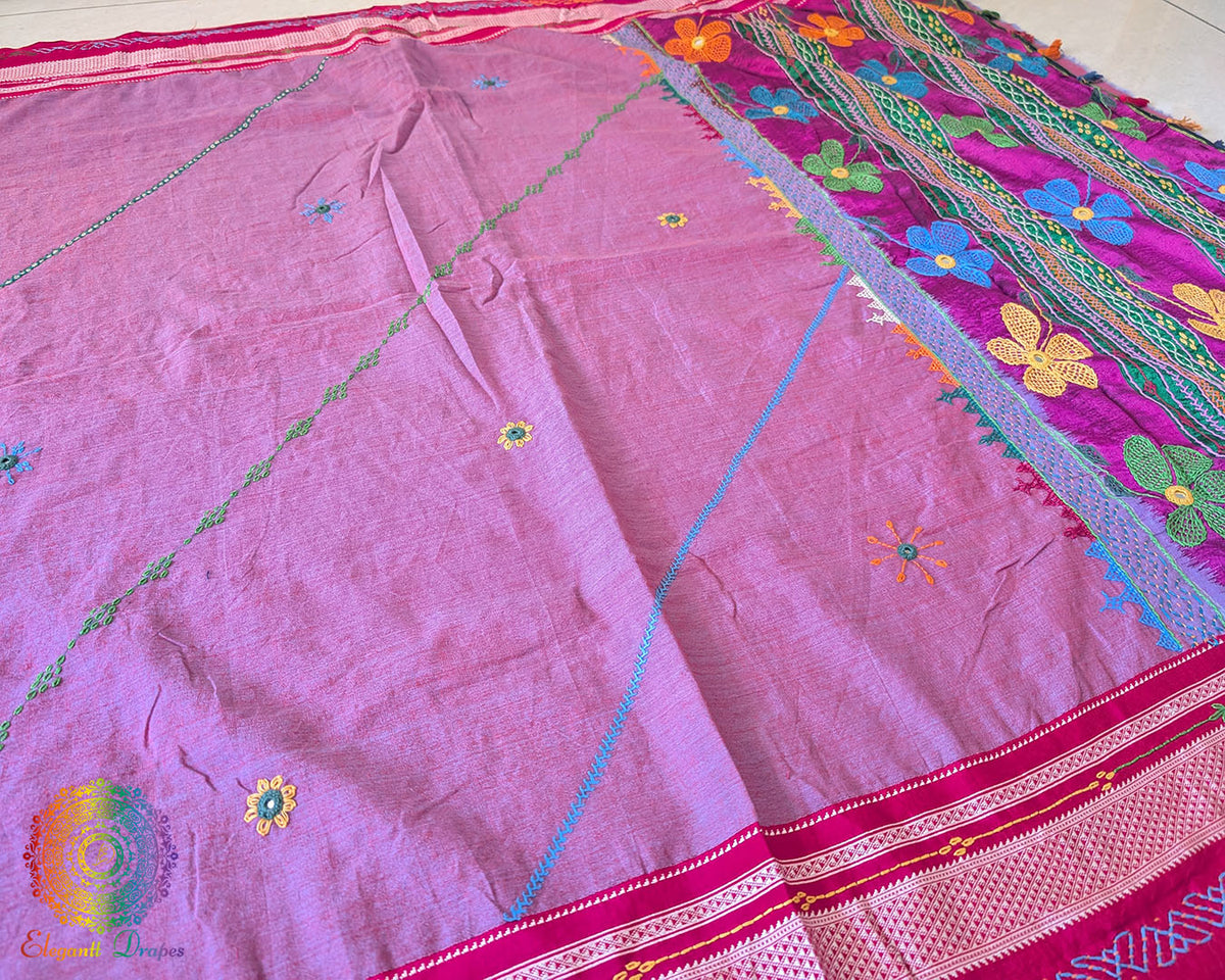 Side view of mauve cotton saree featuring handcrafted Lambani embroidery