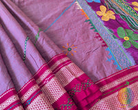 Mauve ilkal cotton saree showcasing approximately half-meter heavy Lambani hand embroidered palla