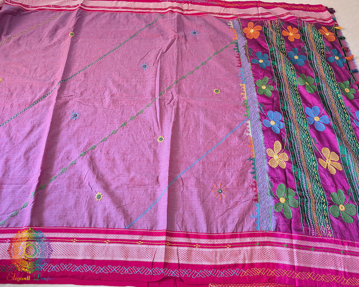 Mauve cotton saree with Lambani hand embroidery and heavily embroidered palla