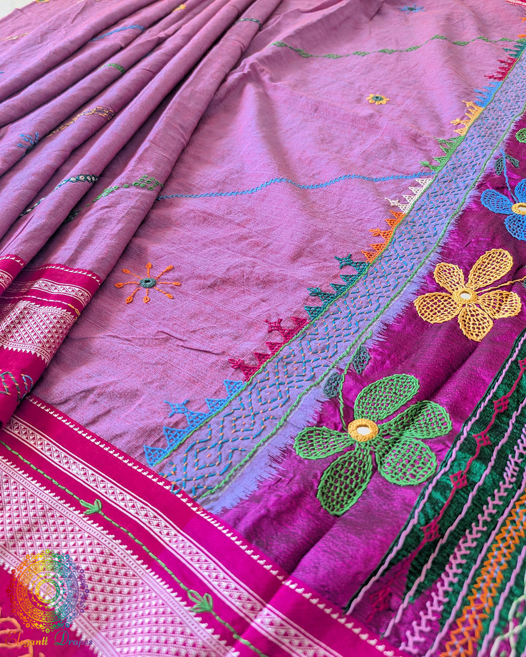 Close-up of the cotton saree border with traditional Lambani hand embroidery