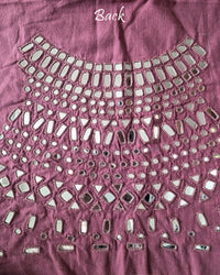 Back view of the Mauve Kala Cotton Kutch Mirror Handwork blouse piece, showcasing intricate Kutch embroidery and real mirrors arranged in a decorative handcrafted design.