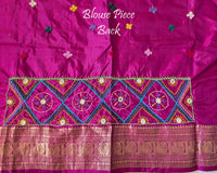Mauve pure Kanjivaram silk saree with Lambani handwork blouse back