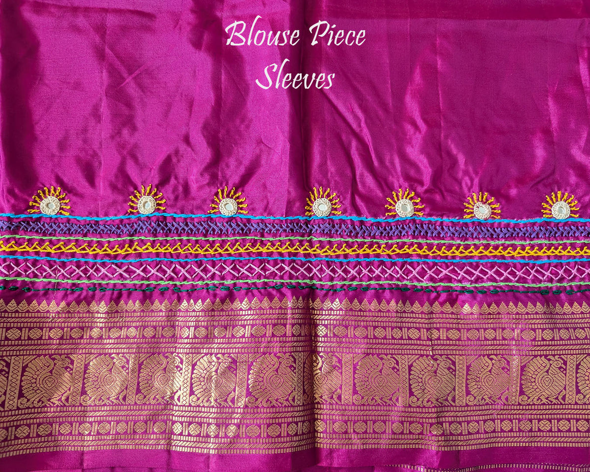 Mauve pure Kanjivaram silk saree with Lambani handwork blouse sleeves