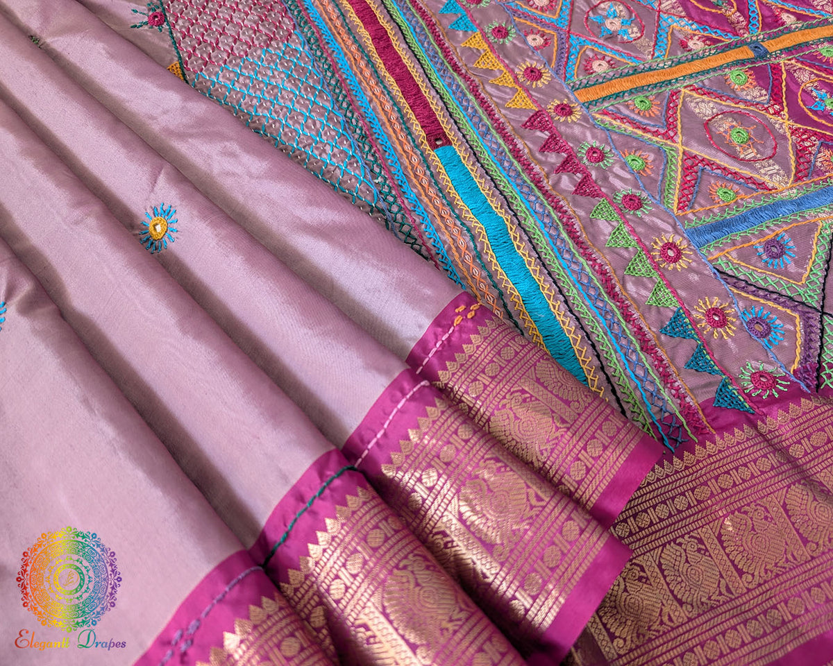 Mauve pure Kanjivaram silk saree with Lambani handwork border view