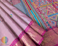 Mauve pure Kanjivaram silk saree with Lambani handwork border view