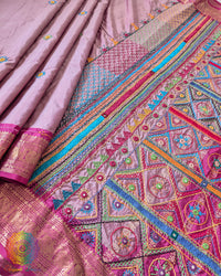 Mauve pure Kanjivaram silk saree with Lambani handwork full view