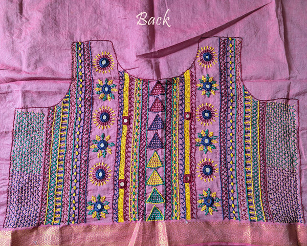 Mauve Mangalgiri Cotton Lambani Embroidered Blouse Piece back with intricate hand embroidery