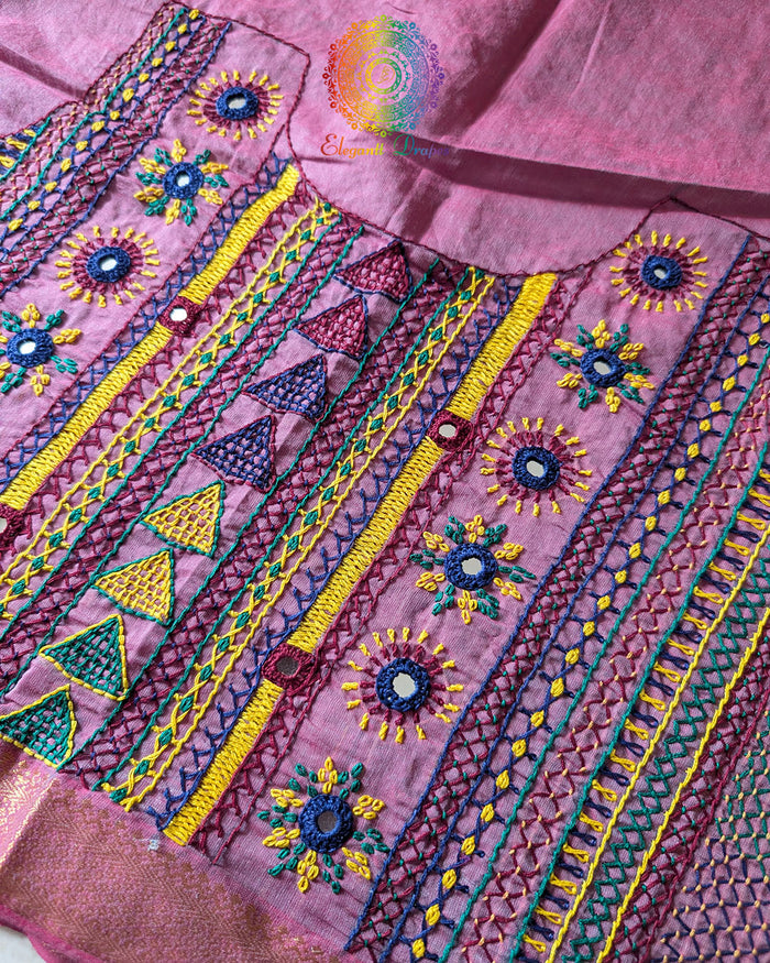 Close-up of Lambani hand embroidery on the back of Mauve Mangalgiri Cotton Blouse Piece