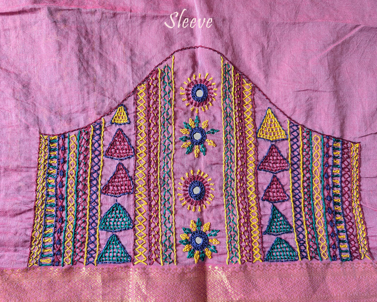 Close-up of Lambani embroidered sleeve on Mauve Mangalgiri Cotton Blouse Piece