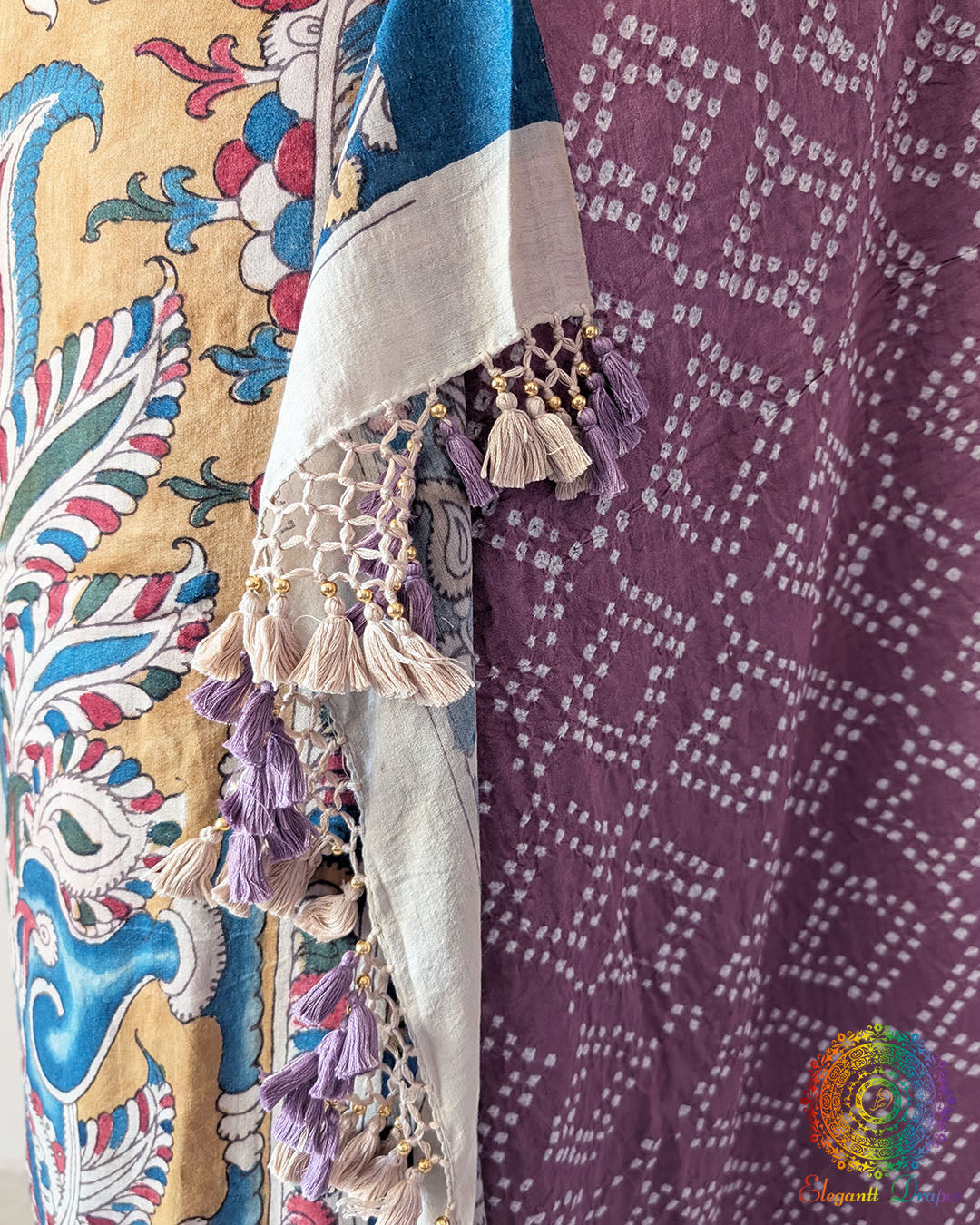 Close-up of the traditional Bandhani-dyed body on the Mauve Muga Silk Saree