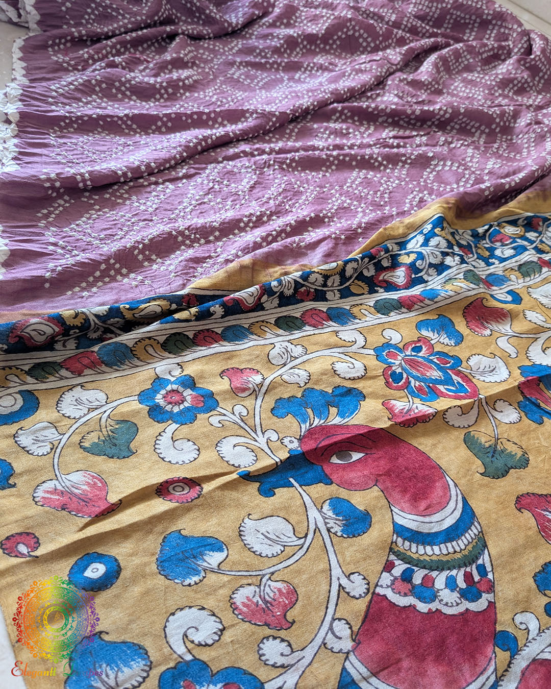 Mauve Bandhani Kalamkari Muga Silk Saree