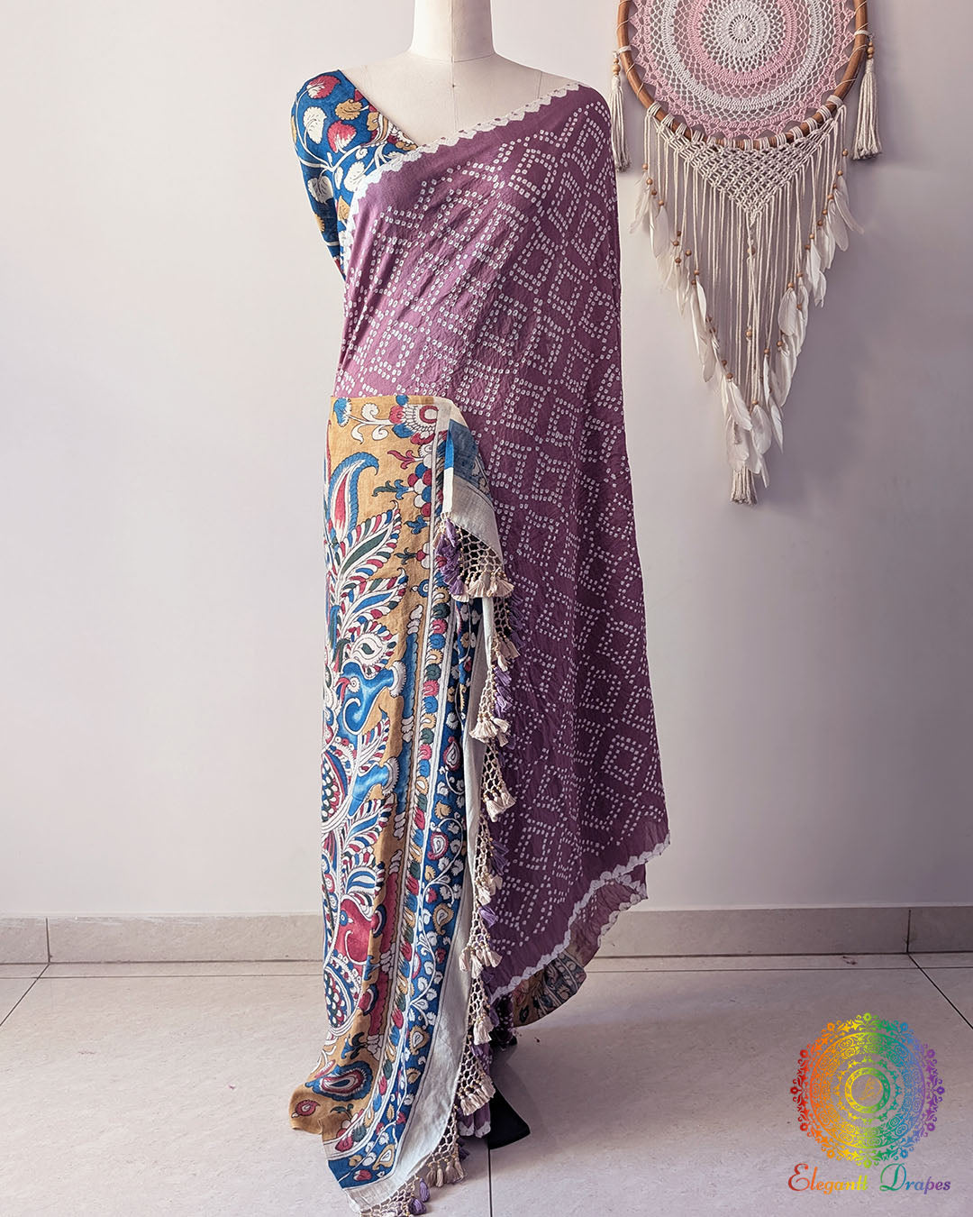 Full drape of the Mauve Bandhani Kalamkari Muga Silk Saree featuring a Bandhani body and Kalamkari pallu