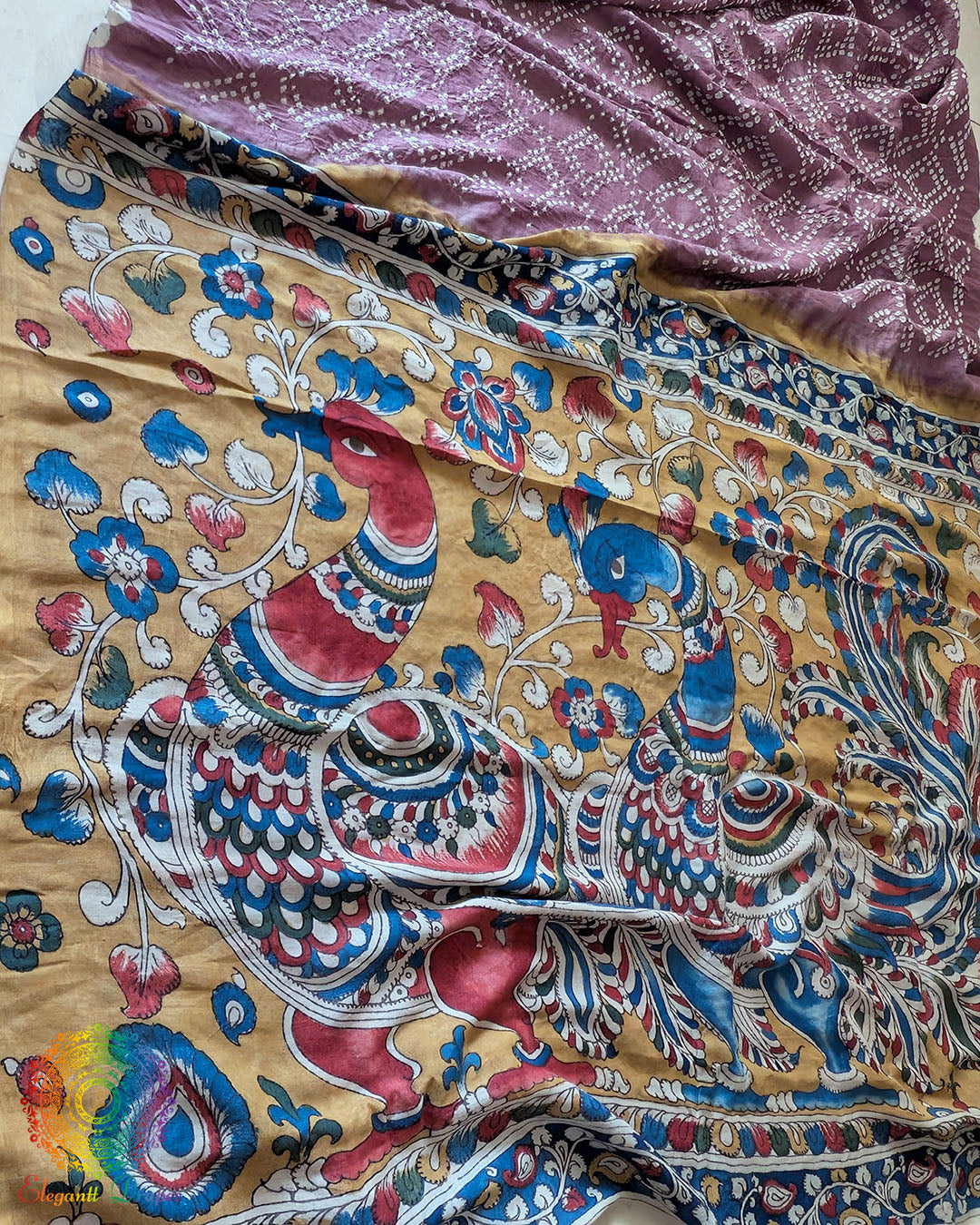 Close-up of the intricate Kalamkari artwork on the pallu of the Mauve Bandhani Muga Silk Saree