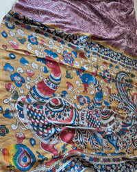 Close-up of the intricate Kalamkari artwork on the pallu of the Mauve Bandhani Muga Silk Saree