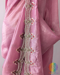 Close-up of Sequin Cutdana and Pearl Handwork on Mauve Pink Tissue Saree