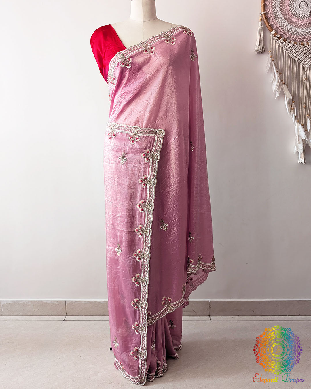 Mauve Pink Tissue Saree Pallu drape with Handworked Border
