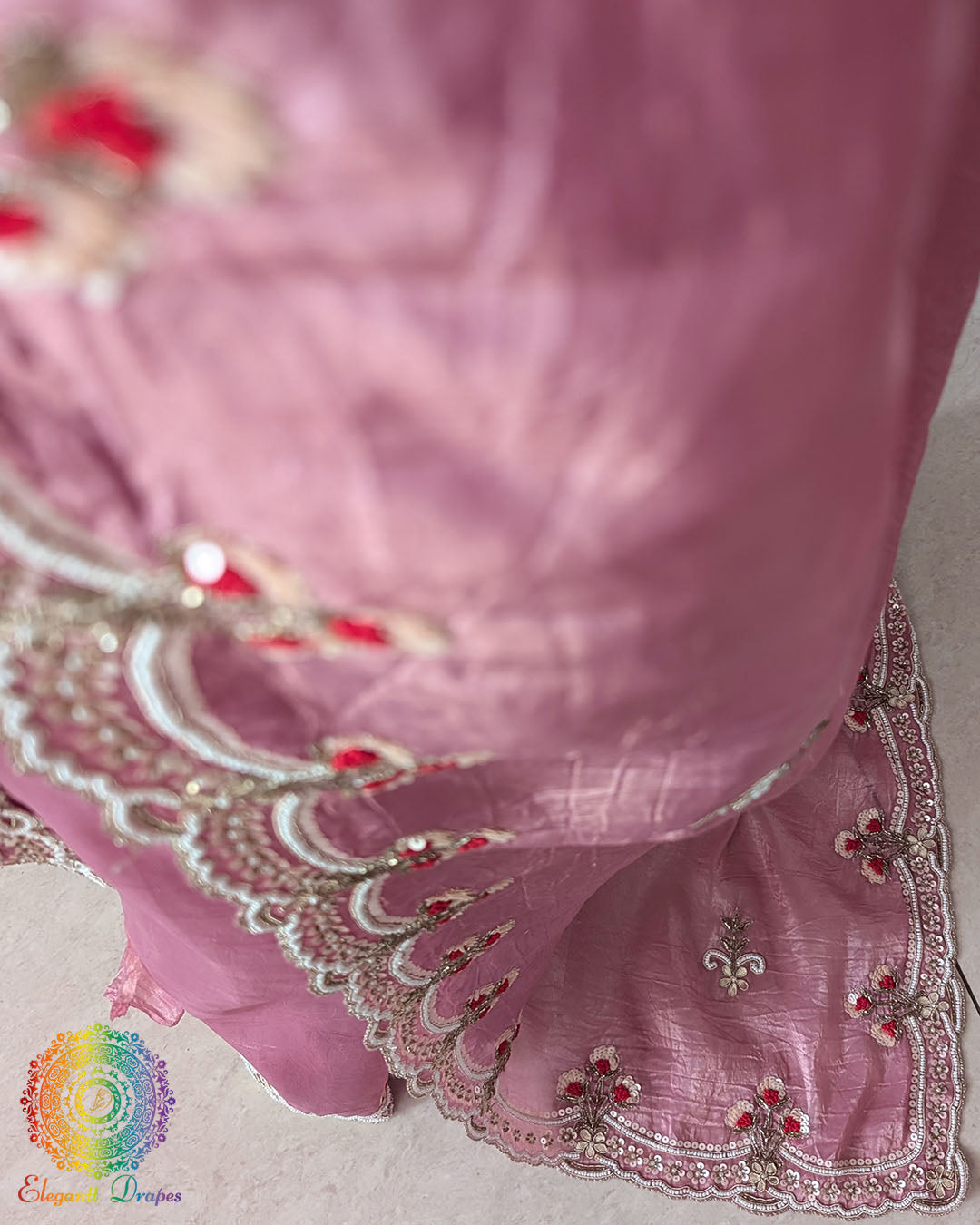 Close-up of Handworked Pallu with Sequins Cutdana and Pearls on Mauve Pink Saree