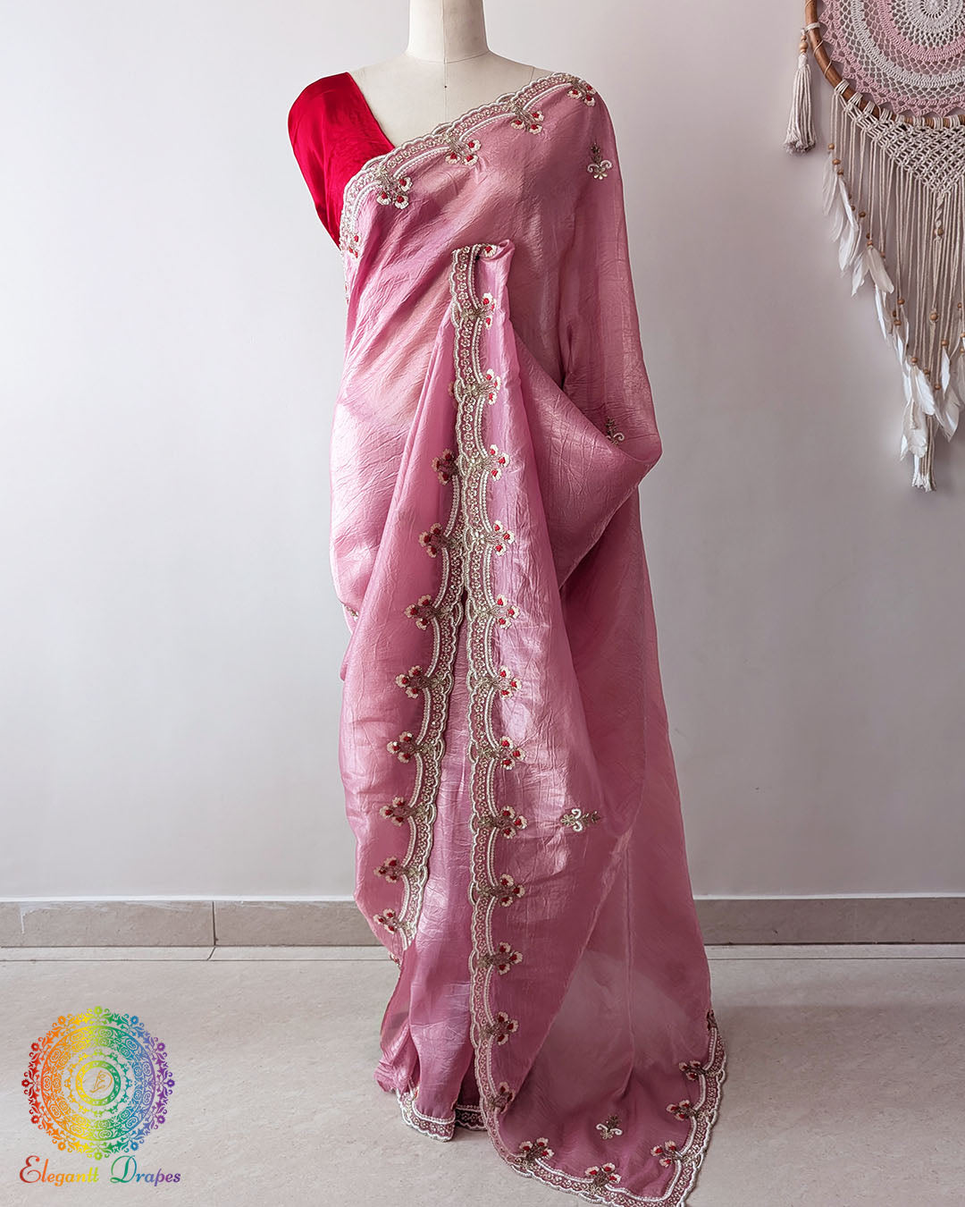 Mauve Pink Soft Crush Tissue Saree with Sequin Cutdana Pearl Handwork full view