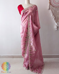 Mauve Pink Soft Crush Tissue Saree with Sequin Cutdana Pearl Handwork full view