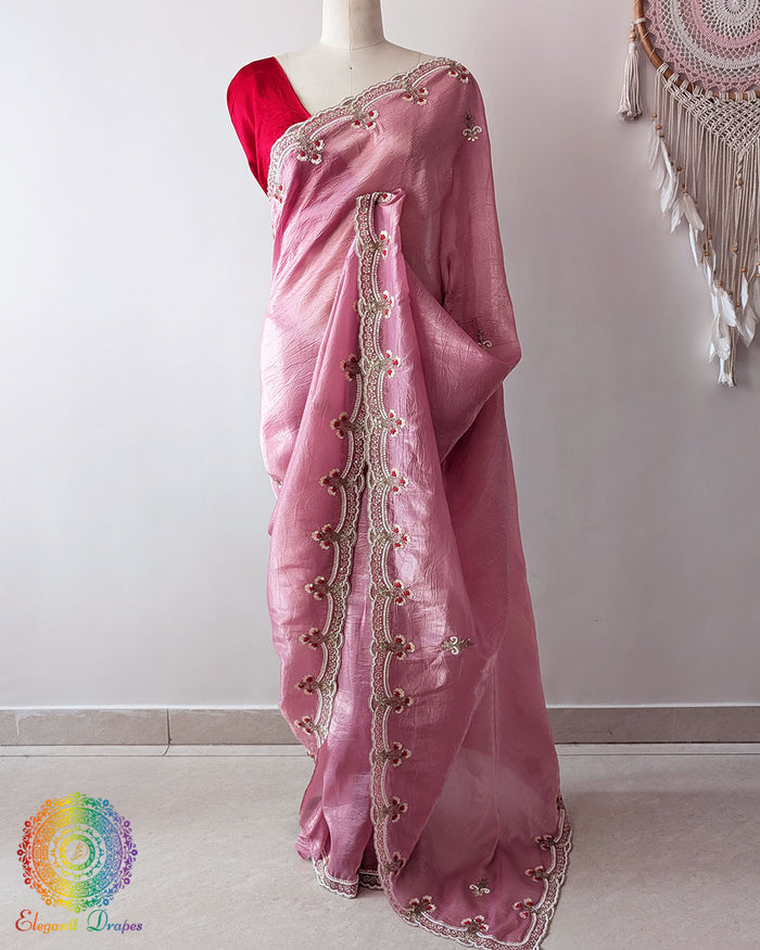 Mauve Pink Soft Crush Tissue Saree with Sequin Cutdana Pearl Handwork full view