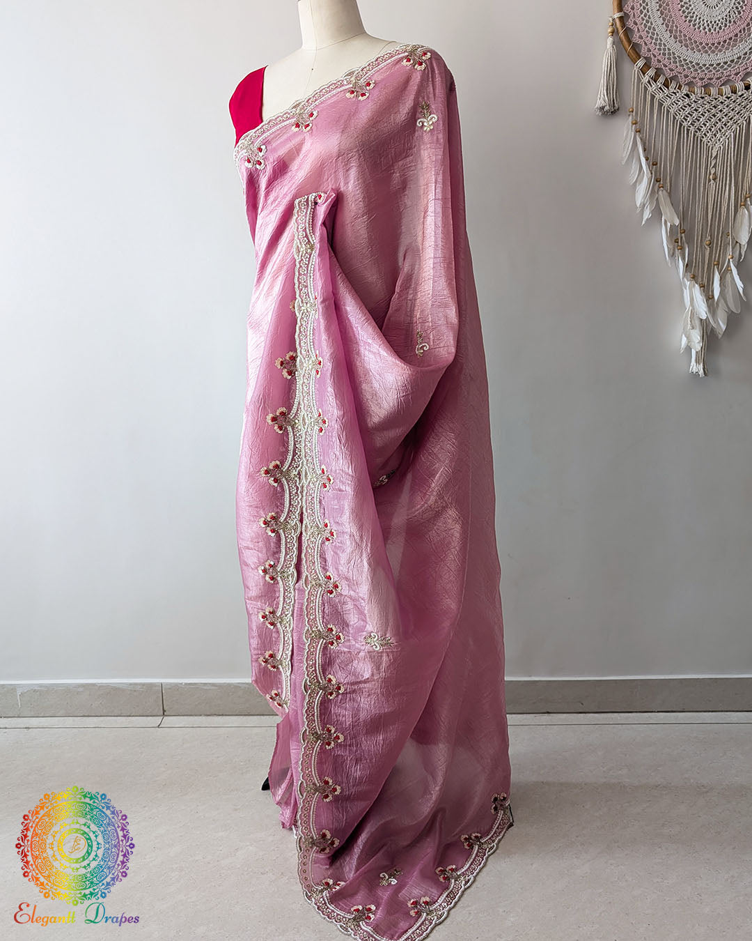 Mauve Pink Soft Crush Tissue Saree side view with Handwork