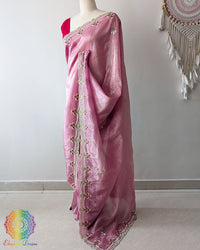 Mauve Pink Soft Crush Tissue Saree side view with Handwork