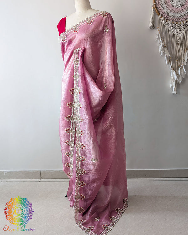 Mauve Pink Soft Crush Tissue Saree side view with Handwork