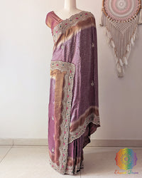 Full drape of Mauve Soft Tissue Silk saree showcasing elegant handcrafted border and luminous sheen