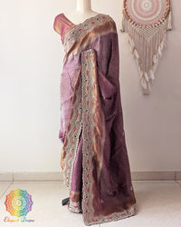 Mauve Soft Tissue Silk saree with scalloped Cutdana, pearl, and zardozi handwork border