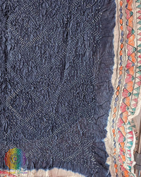 Detailed Bandhani pattern on the Midnight Blue Muga Silk Dupatta