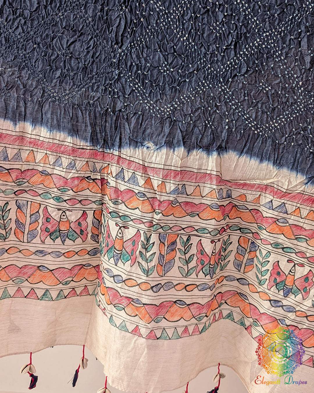 Close-up of the hand-painted Madhubani artwork on the Midnight Blue Muga Silk Dupatta
