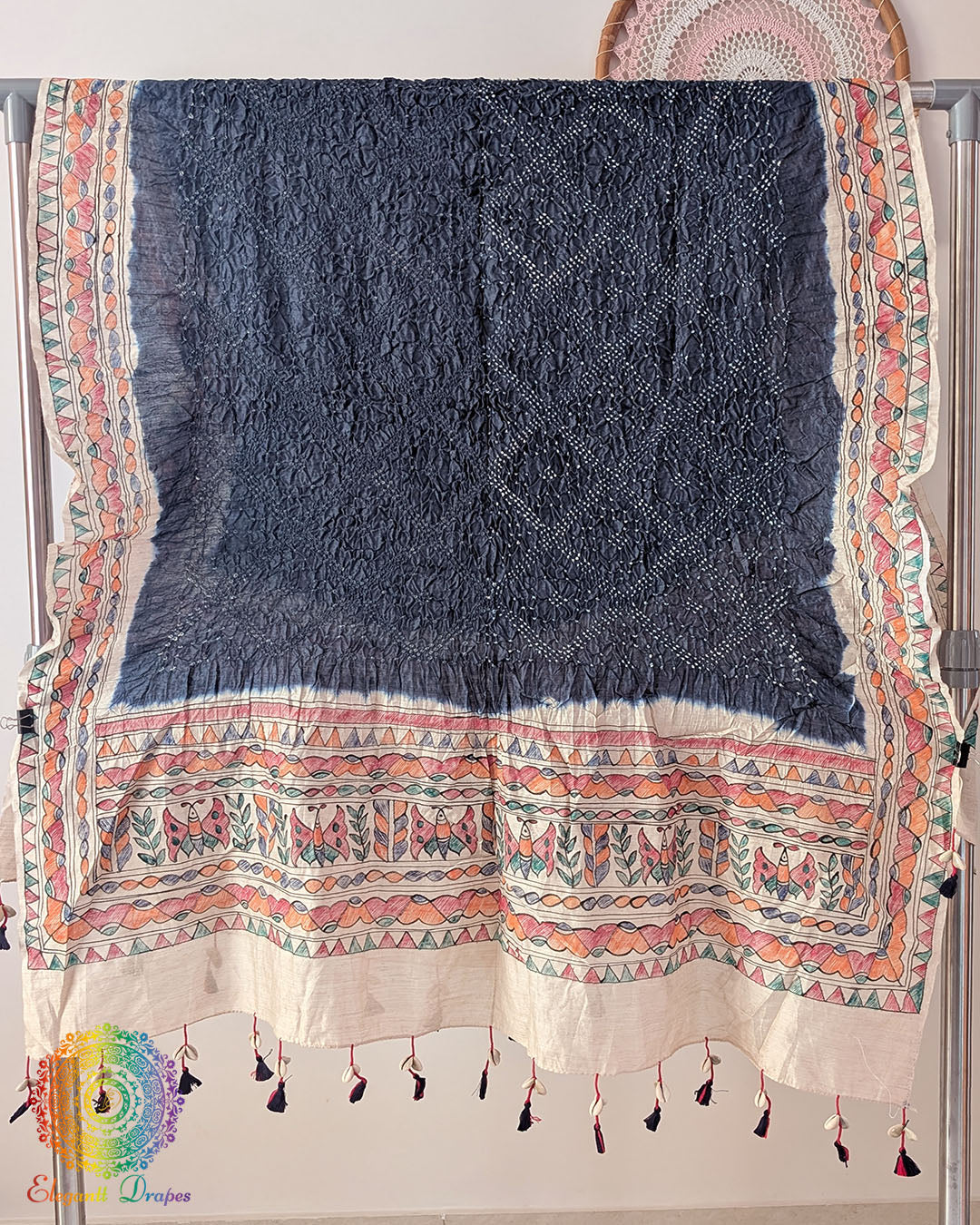Midnight Blue Muga Silk Dupatta with Bandhani body and hand-painted Madhubani border