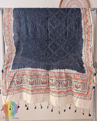 Midnight Blue Muga Silk Dupatta with Bandhani body and hand-painted Madhubani border