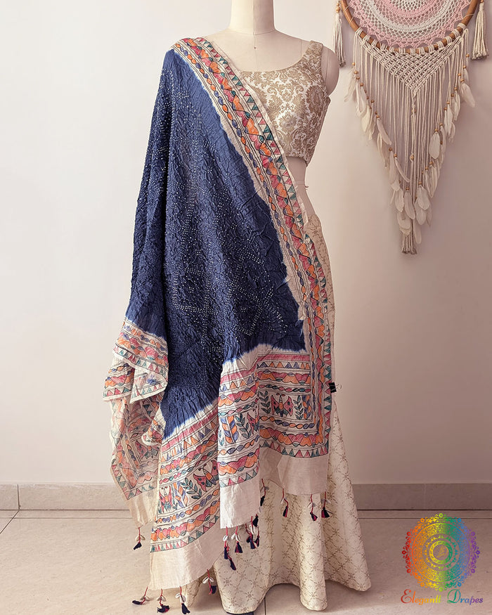 Midnight Blue Bandhani Madhubani Muga Silk Dupatta full draped view