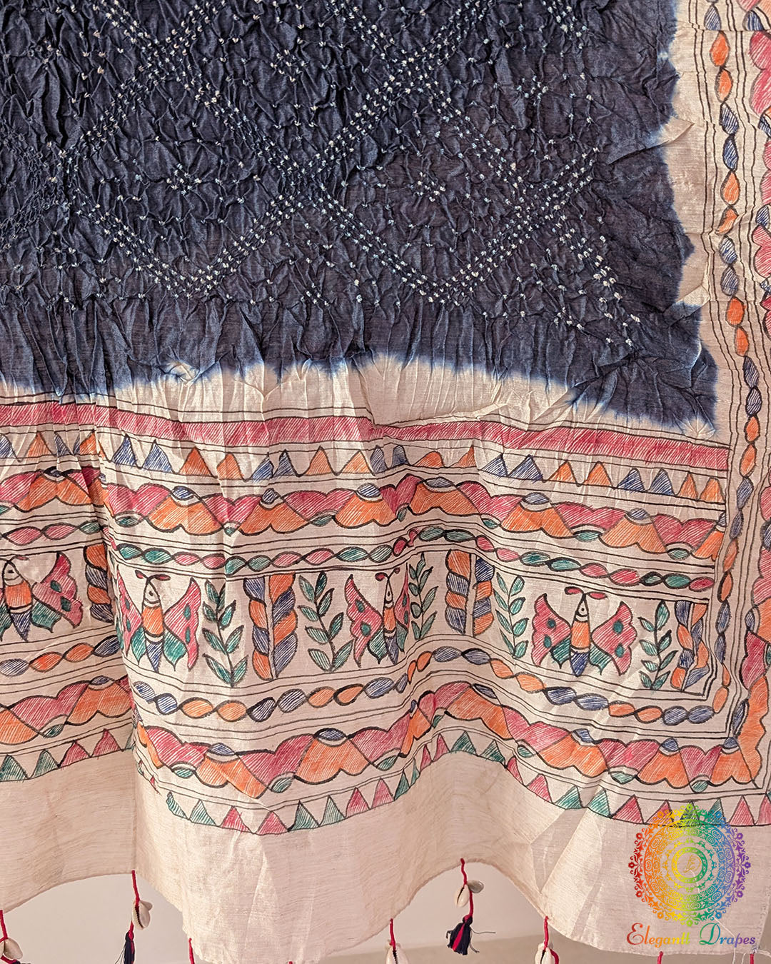 Midnight Blue Bandhani Madhubani Muga Silk Dupatta for festive and traditional wear