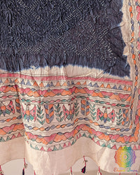 Midnight Blue Bandhani Madhubani Muga Silk Dupatta for festive and traditional wear