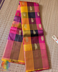 Folded pure Kanjivaram silk saree with multi check design and 2 gram zari