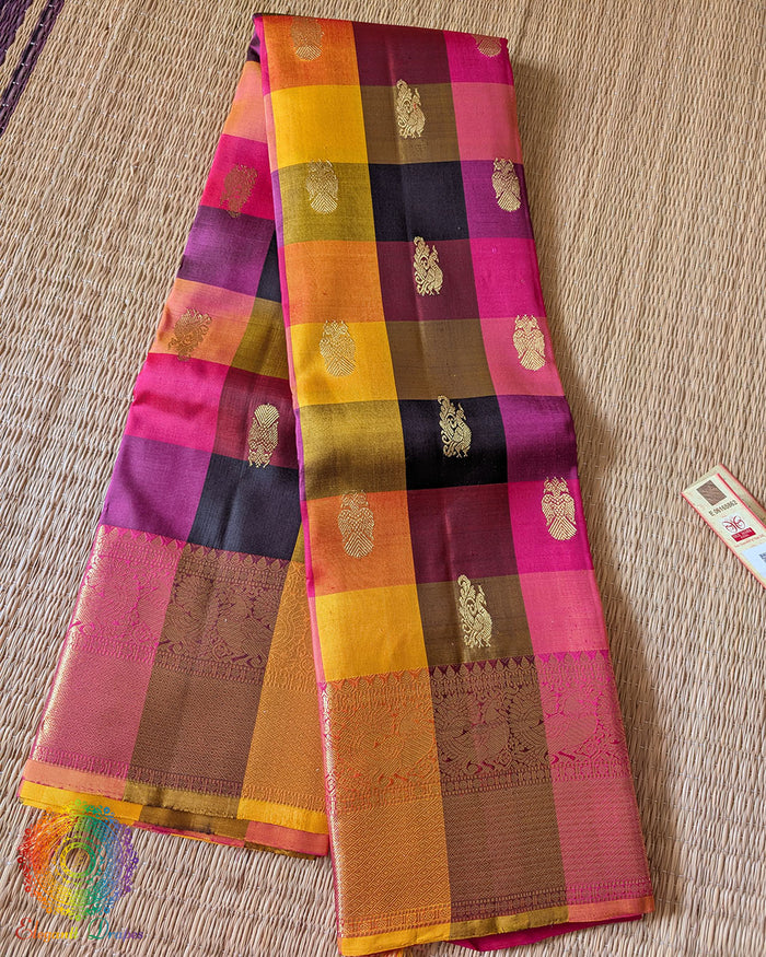 Folded pure Kanjivaram silk saree with multi check design and 2 gram zari