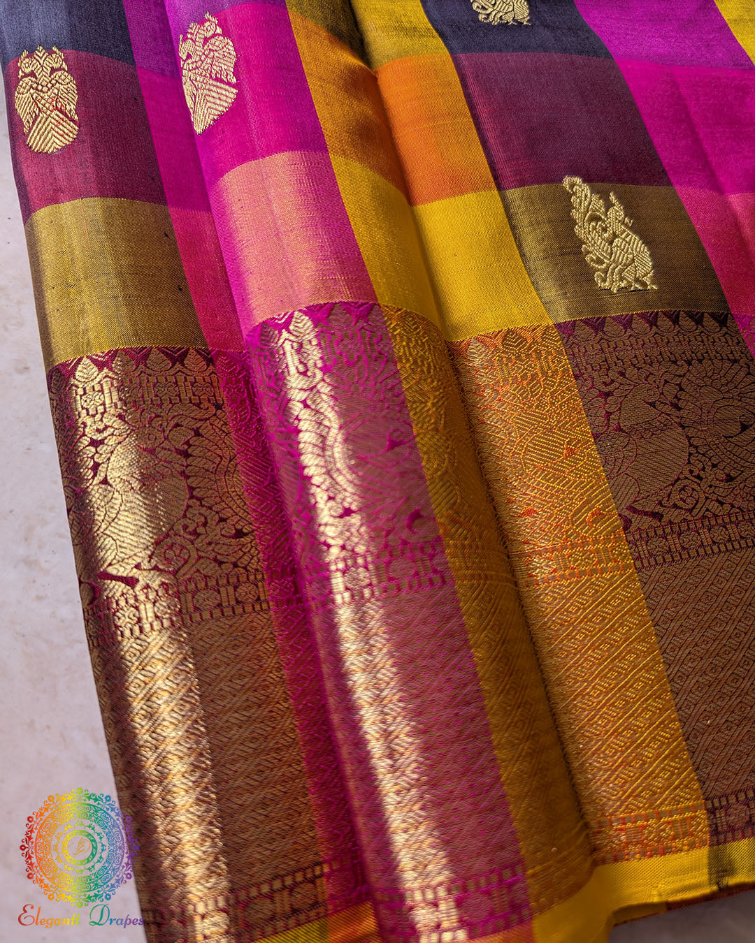 Multi check pattern detail on pure Kanjivaram silk saree