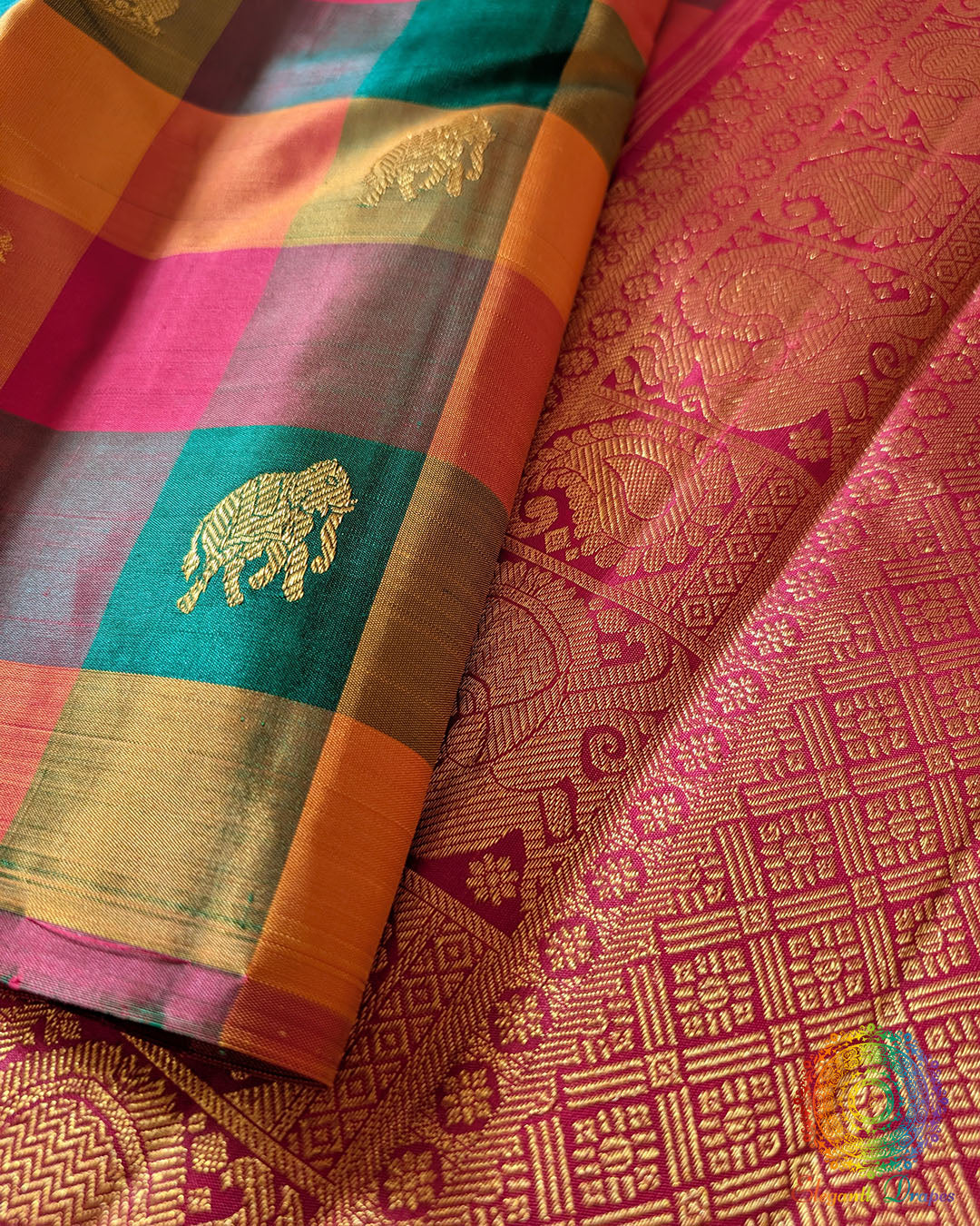 Close-up of multicolor checks on Pure Kanjivaram Handloom Silk Saree