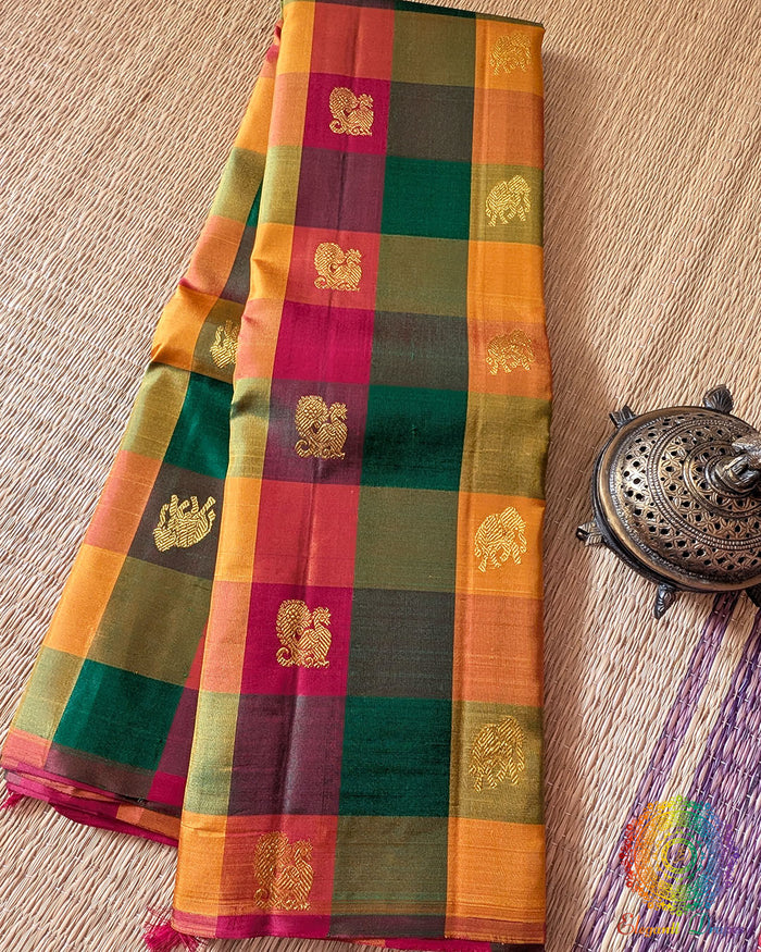 Multicolor Checked Pure Kanjivaram Handloom Silk Saree full view