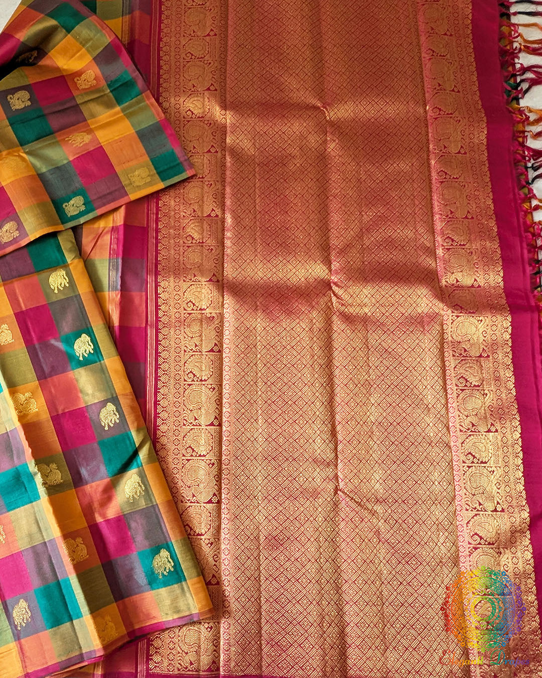 Multicolor Pure Kanjivaram Silk Saree with 1-Gram Zari motifs