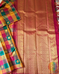 Multicolor Pure Kanjivaram Silk Saree with 1-Gram Zari motifs