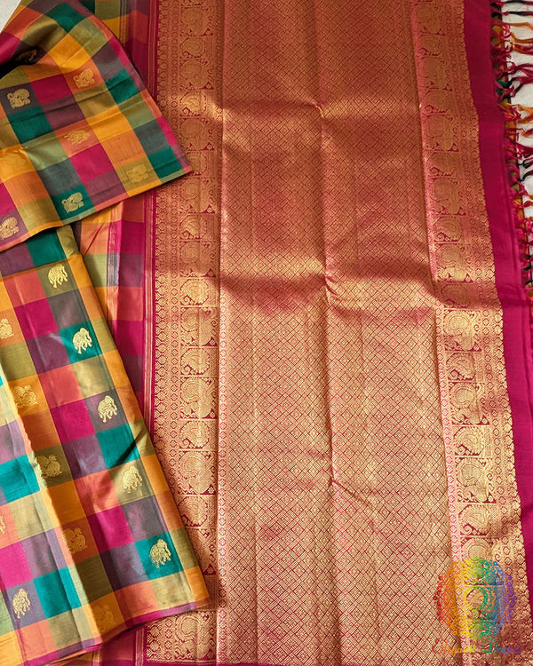 Multicolor Pure Kanjivaram Silk Saree with 1-Gram Zari motifs