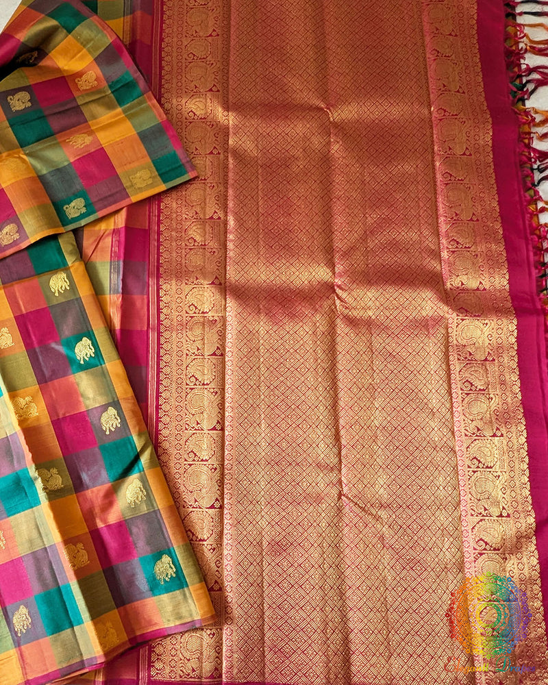 Multicolor Pure Kanjivaram Silk Saree with 1-Gram Zari motifs