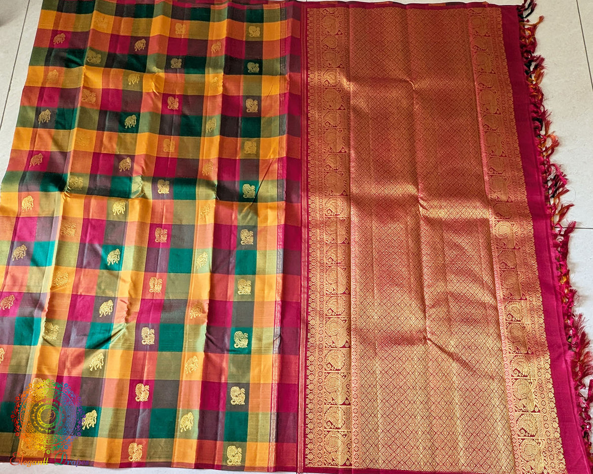 Detailed view of borderless design on Multicolor Checked Kanjivaram Silk Saree