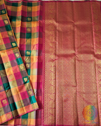 Detailed view of borderless design on Multicolor Checked Kanjivaram Silk Saree