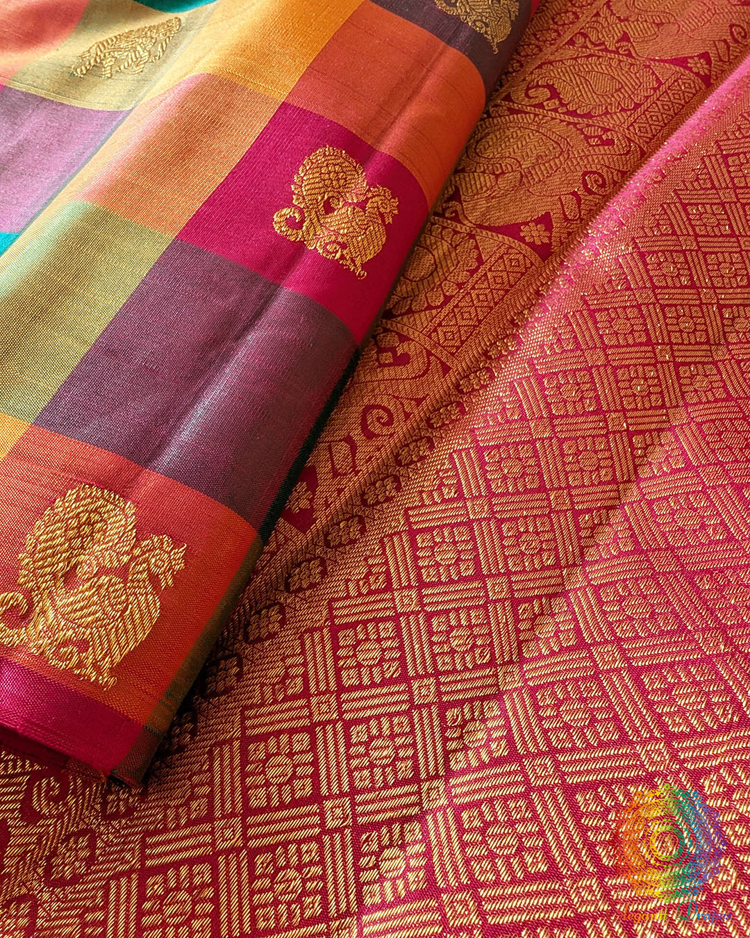 Close-up of 1-Gram Zari motifs woven on Multicolor Kanjivaram Silk Saree