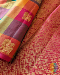 Close-up of 1-Gram Zari motifs woven on Multicolor Kanjivaram Silk Saree